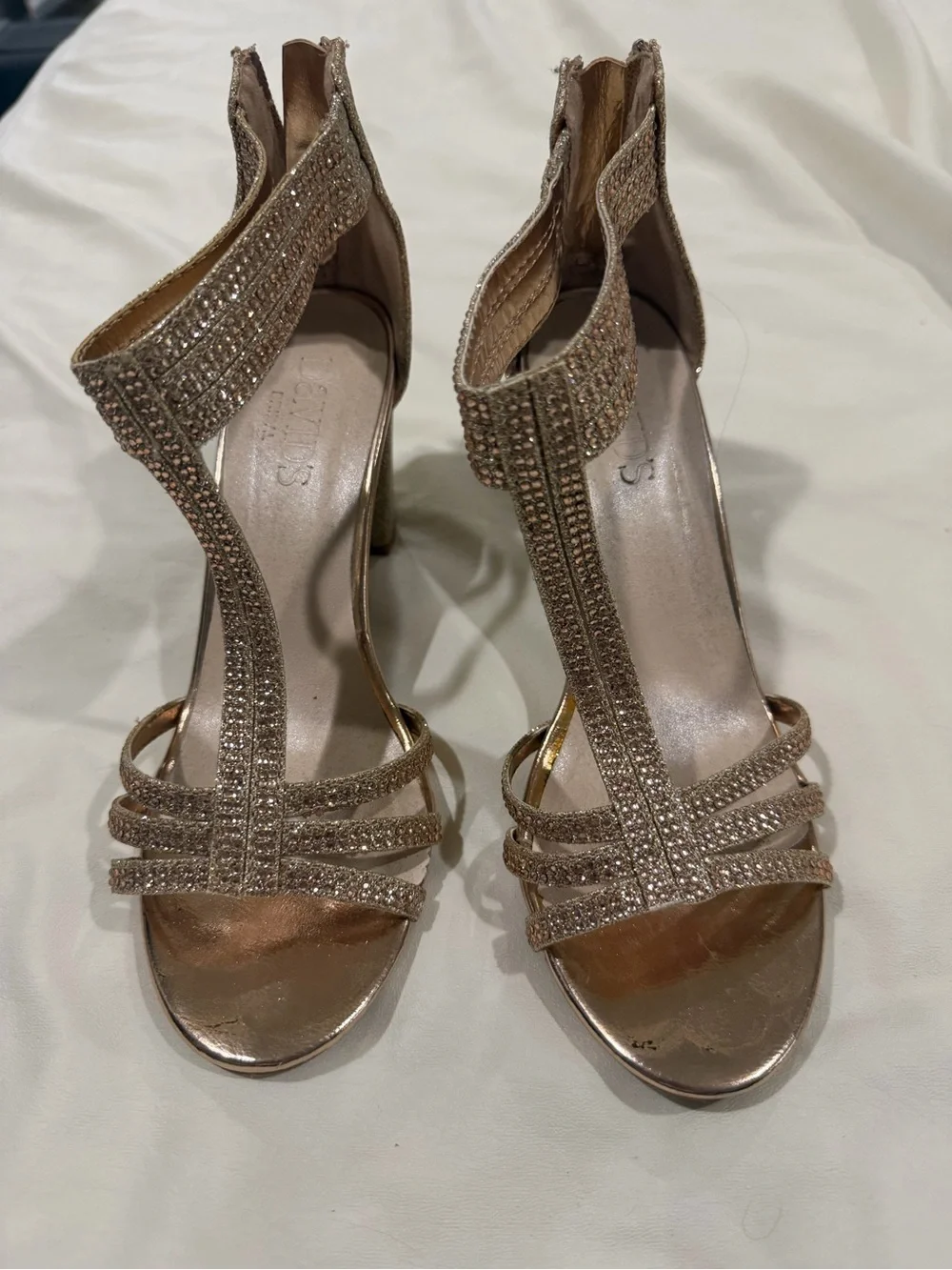 Women's Rose Gold Crystal T-Strap Evening Sandals